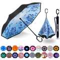 Multicolor New Unique C Shape Handle Double Layer Folding Inverted Umbrella, Self Stand Upside-Down Rain Protection. 