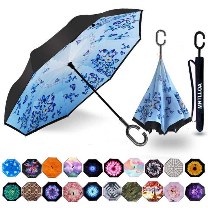Multicolor New Unique C Shape Handle Double Layer Folding Inverted Umbrella, Self Stand Upside-Down Rain Protection