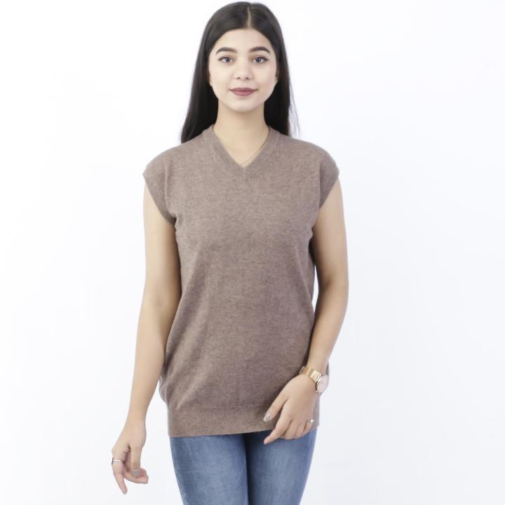 Chestnut Brown Solid Mix Cashmere Half Sweater For Women