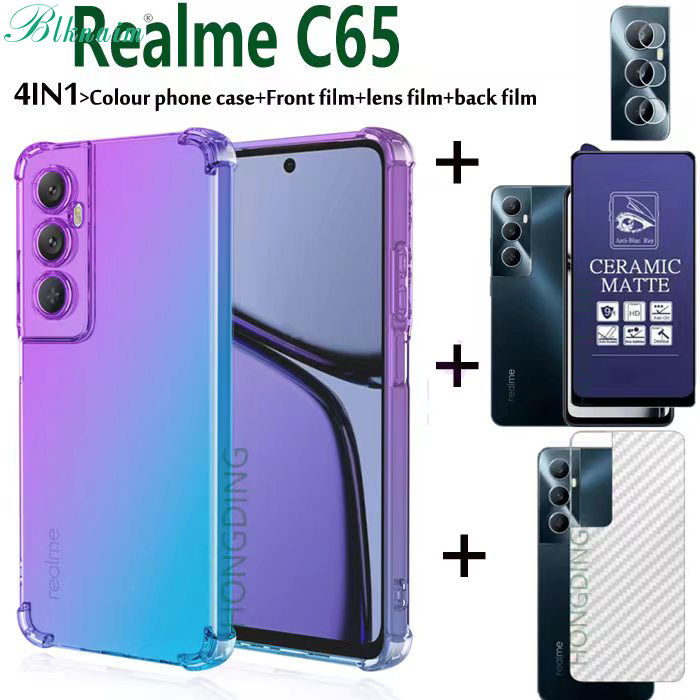 BLKNAIM 4-in-1 NEW For Realme C65 case Anti-fall Color phone case +Purple light Matte Ceramic Film +Carbon Fiber Back Film +Lens Film