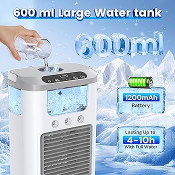 Portable Mini Air Cooler Fan/ Humidifier with USB charger | Battery 1200 mAh Air Cooler | 600 ml Water Tank | Evaporative Cooling Humidification | 3 Modes | 7 Colours Wireless Light for Home, Office | Desktop Fan