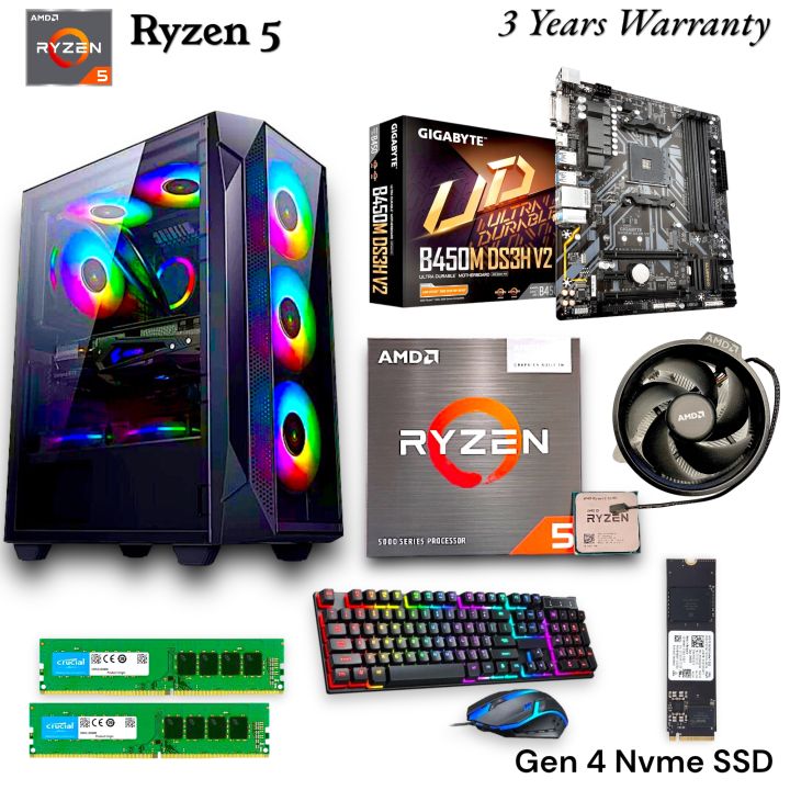 Gaming PC Full Setup with Ryzen 5 5600G, 256GB Gen4 NVMe M.2 SSD, Gigabyte B450M DS3H V2 Board, 500Watt PSU, 8GB 3200Mhz DDR4 RAM