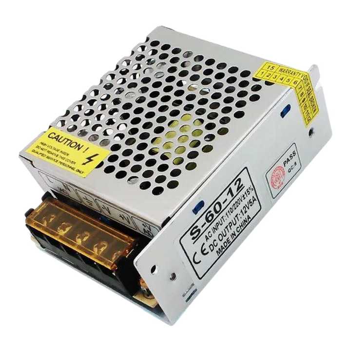 60W 12V 5A Power Supply Adapter For LED Strips & CCTV Cameras - 100-240V AC Input, 5.5x2.5mm DC Plug