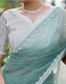Saree For Women. Shimmering Net Blue Saree With Moti Work. Saree With Unstitched Blouse. 