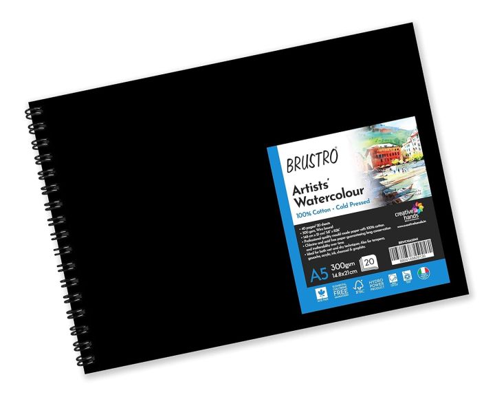 BRUSTRO Artist 100% Cotton Watercolour Wiro Bound Landscape Journal Cold Pressed 300 GSM, A5 - (20 Sheets)