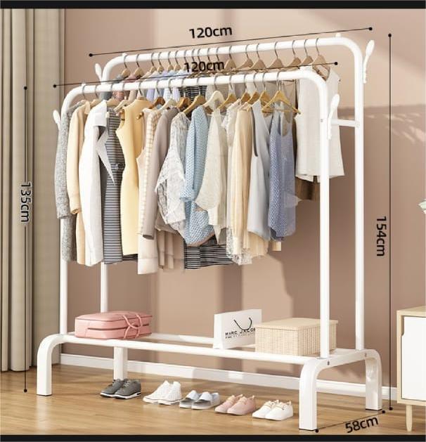 Double Rod Coat Rack And Clothes Hanger Stand With Bottom Shelves ...