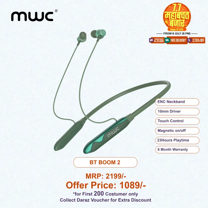 MWC BT BOOM 2 | ENC | Bluetooth 5.3 Neckband | Stereo Sound | 10mm Driver | Touch Control | 23 Hours Playtime | Magnetic on/off Function | Best Sound Quality Guaranteed