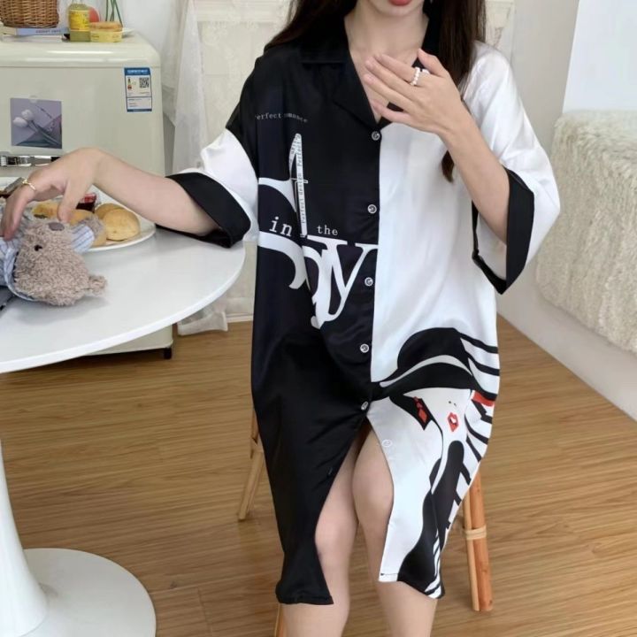 Summer%20thin%20ice%20silk%20pajamas%20women's%20high-end%20Internet%20celebrity%20one-piece%20shirt%20dress%20pregnant%20women%20can%20wear%20mid-length%20short-sleeved%20nightdresses%20-%20Image%206