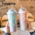 Sutuiying Portable Special Offer Cartoon Cute Rainbow Cup with Straw Double Plastic BPA Free Woman Girl Water Bottle for Juice Milk Coffee 500ml Drinking Tumbler. 