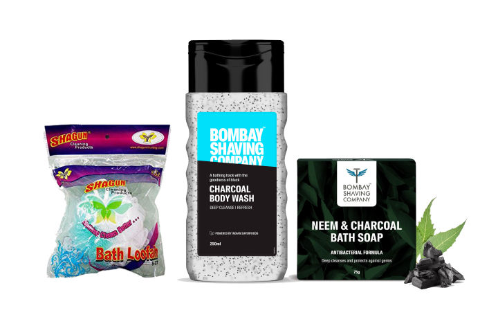 Bombay Shaving Company Charcoal Body wash | De-Tan Shower with Bath Loofa & Neem and Charcoal Soap 75 gm.