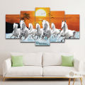 Five Panel Seven White Horse Force running in tropical beach matte canvas cotton print tightly wrapped in wooden frame. 