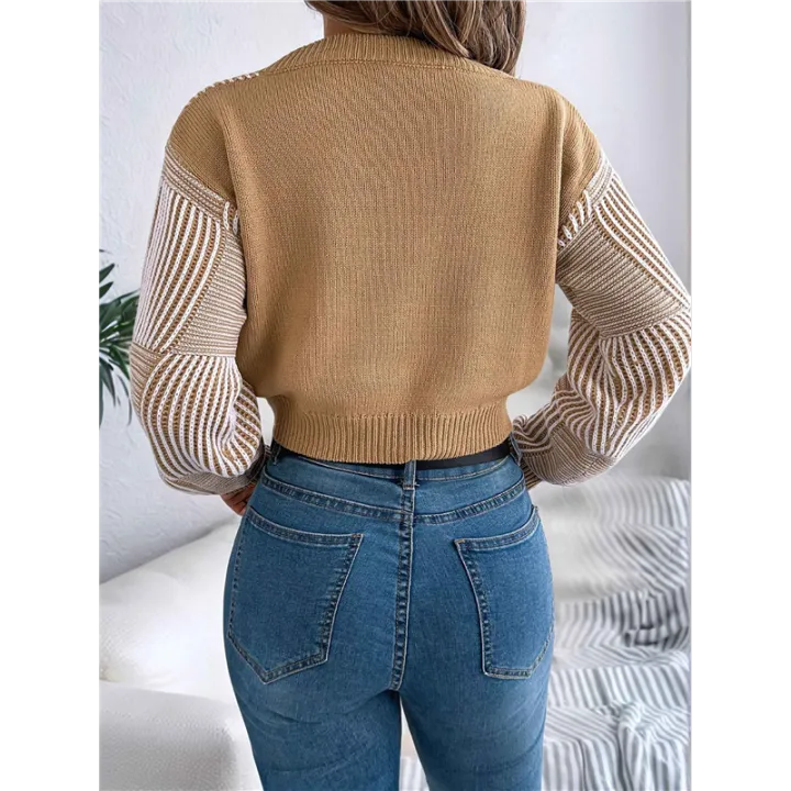 Women'S%20Cropped%20Sweater%20V-Neck%20Long%20Sleeve%20Crop%20Sweater%20Pullover%20Jumper%20Knit%20Top%20Khaki%20XL%20-%20Image%203
