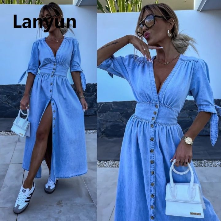 Lanyun%20Spring%20Summer%20New%20Women's%20Clothing%20Solid%20Color%20Fashion%20Bargain%20price%20V-neck%20Long%20Single-Breasted%20Denim%20Dress%20-%20Image%203