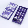 3PC Set of Blue and White Porcelain Tableware Stainless Steel Chopsticks Spoon Fork Gift Box Portable Travel Tableware Set. 