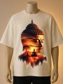 Golden Sunset & Meditating Buddha | Graphic Printed T-Shirt- Cream, Maroon, White. 