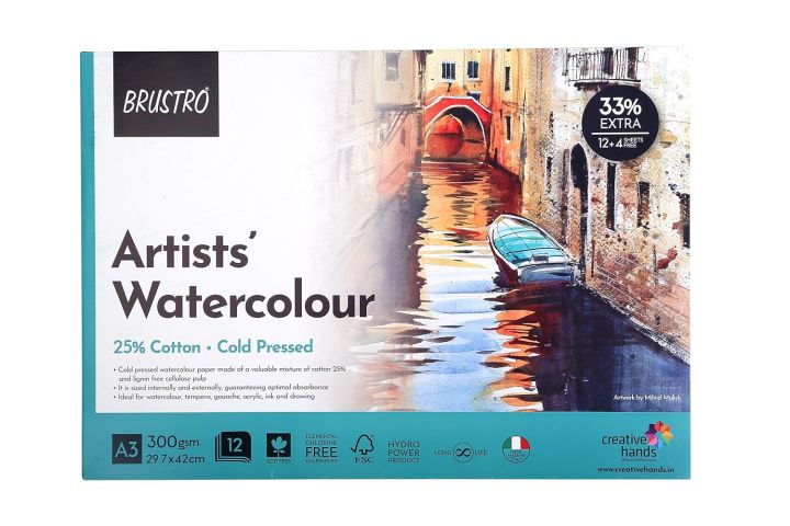 Brustro Carta Per Acquerello A3 200 G/m² – 25% Cotone, 50 Fogli – Pressata A Freddo – Senza Acidi