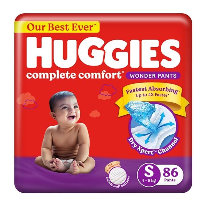 Huggies Wonder Pants (S) 86 pcs Size (4-8 Kgs) Baby Diaper Pants| Complete Comfort India's Fastest Absorbing Diaper with upto 4x faster absorption