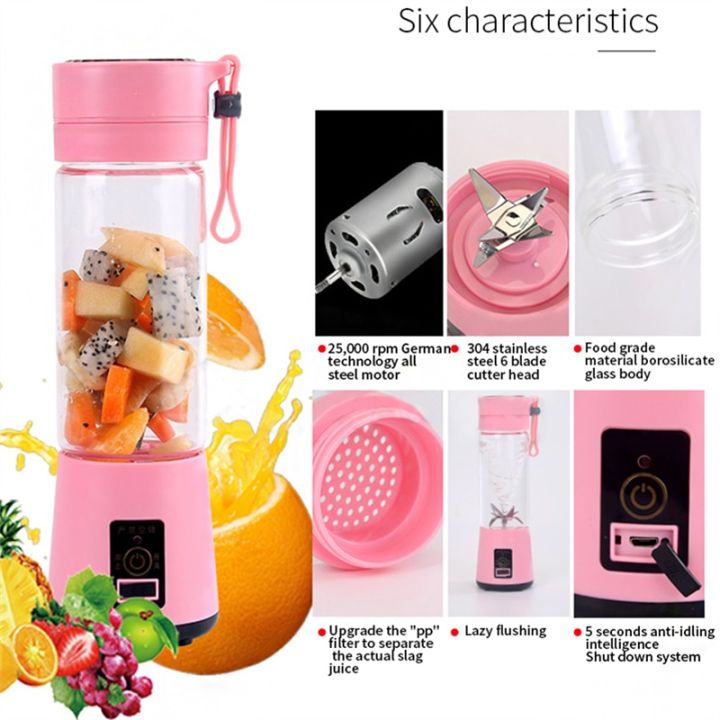 6 Blades USB Rechargeable Portable Electric Fruit Juicer Smoothie Blender-380Ml