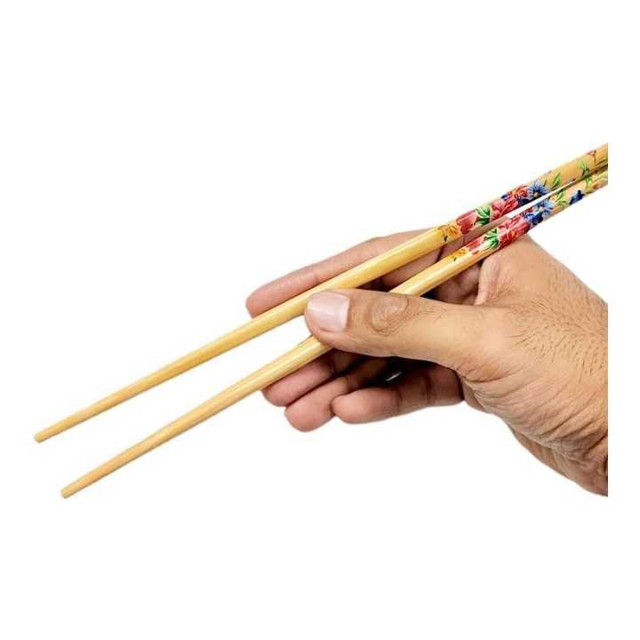 Beige Bamboo Flower Print Noodles Chopsticks, 1 Pair | Eco Friendly Flower Printed Bamboo Chopsticks - 1 Pair