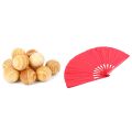 (GGBR) Natural Wood Balls with Bamboo Structure of Tai Wushu Martial Arts Hand Fan Red. 
