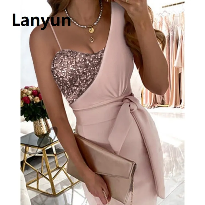 Lanyun%20Spring%20Summer%20Solid%20Color%20Sequins%20Dress%20Single-Shoulder%20Suspender%20Original%20One-Piece%20Meeting%20Dress%20Long%20High%20Waist%20Dresses%20-%20Image%205