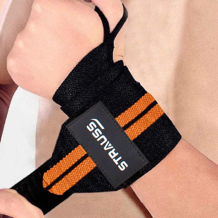 STRAUSS Cotton Wrist Wrap Band with Thumb Loop Straps & Closures | Adjustable & Breathable Material | Gym Accessories for Weightlifting, Workouts & Strength Training | Powerful Velcro (Black & Orange)