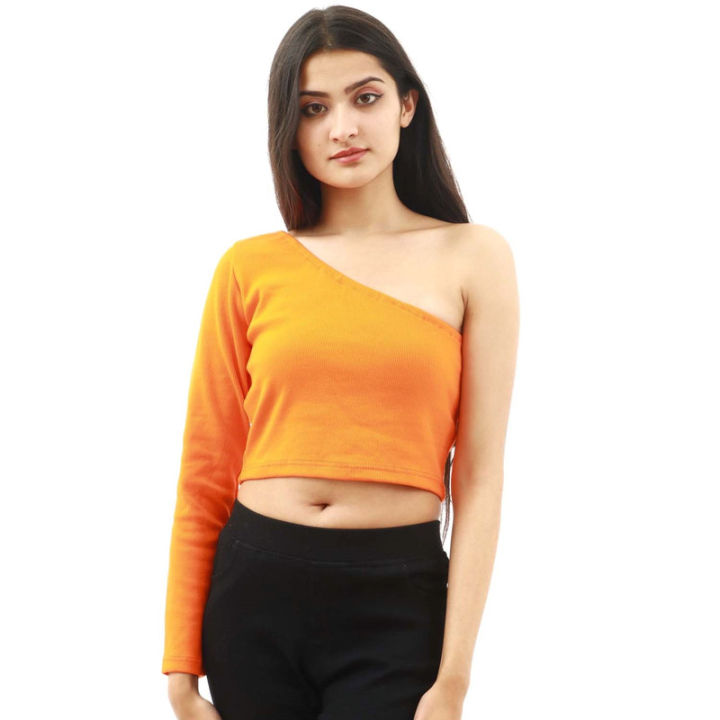 Orange Cooton One Side Off Shoulder Design Crop Tops For Women