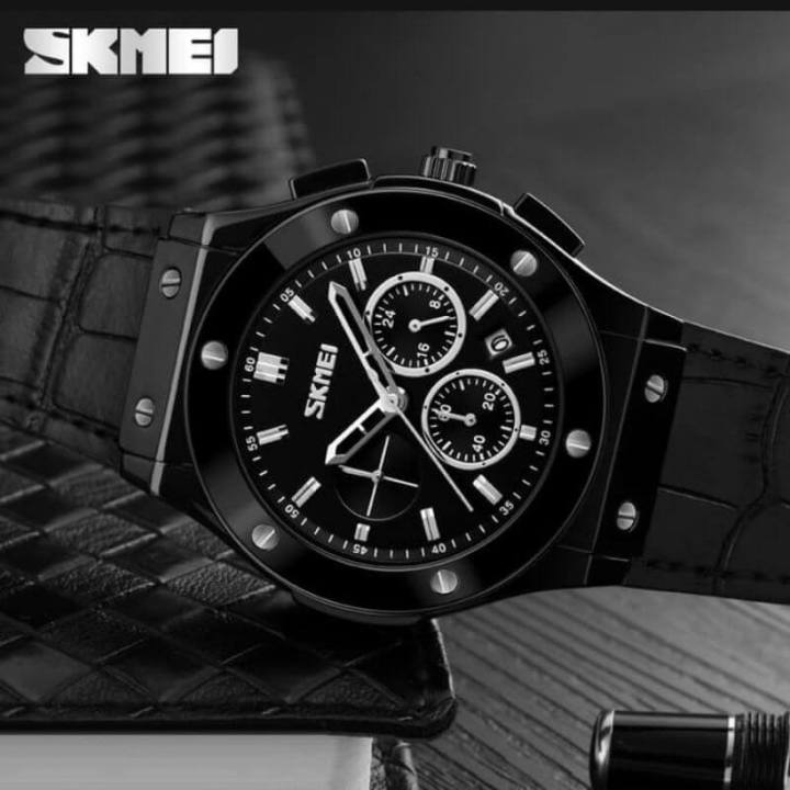 SKMEI 9157 Men Watch Multifunctional Business Edition Chronograph Date Display Leather Strap - Black