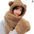 3 In 1 Hat Scarf Gloves Set Winter Warm Cute Bear Ears Plush Hoodie For Girl. 