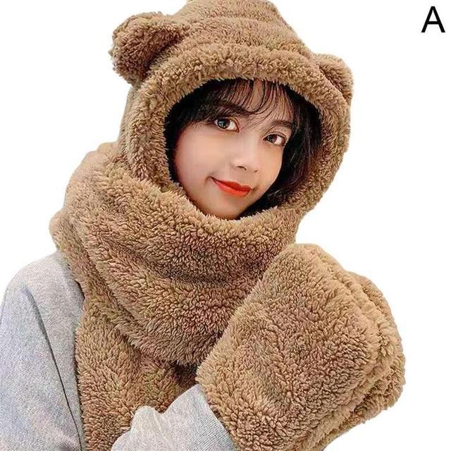 3 In 1 Hat Scarf Gloves Set Winter Warm Cute Bear Ears Plush Hoodie For Girl