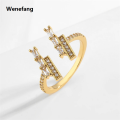 Wenefang Luxurious Wooden Nail Modeling Design Shiny Zircon Gold Silver Color Ring Women's Men Open-Loop Elegant Temperament Accessories. 