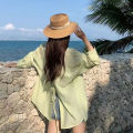 Thin Long Sleeve Sunscreen Shirt Woman Korean Fashion Back Split Lace Up White Shirts Women Casual Loose Holiday Beach Blouse. 