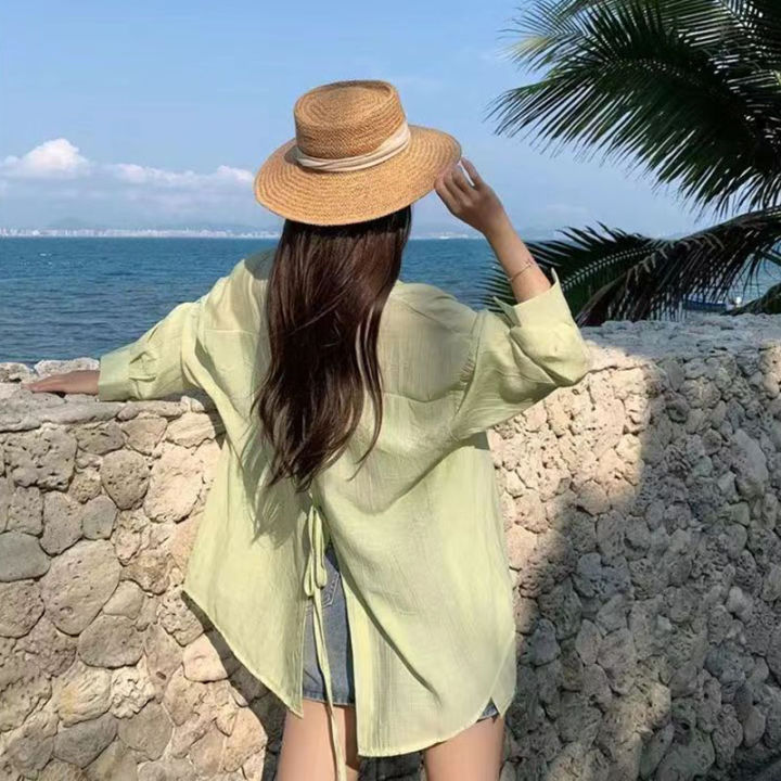Thin Long Sleeve Sunscreen Shirt Woman Korean Fashion Back Split Lace Up White Shirts Women Casual Loose Holiday Beach Blouse