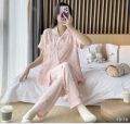 Printed 2Pcs Short Sleeve Pajama Set For Womens Summer Casual Silk Satin Button Sleepwear Ladies. 