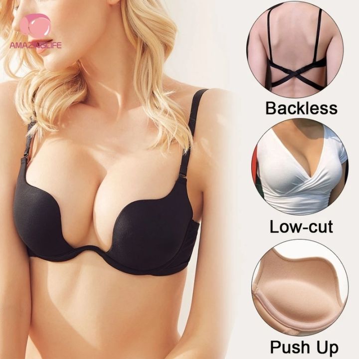 Backless Invisible Plunge Bra Gathered Bra Bralette Underwear Deep V Push Up Women Bras Party Underwear Seamless Bra