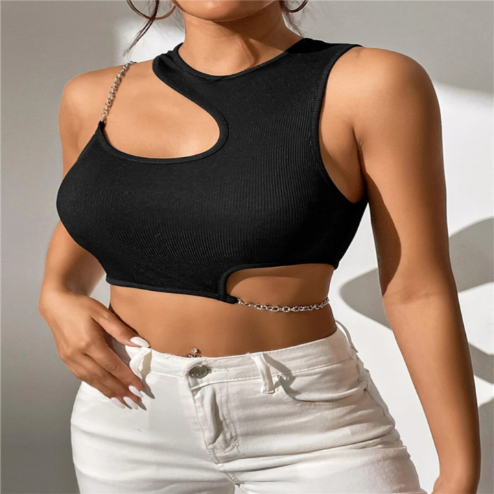 Chain%20Cut%20Out%20Crop%20Top%20Women%20Summer%20Y2K%20Clothes%20Solid%20Black%20Asymmetrical%20Neck%20Sleeveless%20Tank%20Top%20Streetwear%20High%20Street%20-%20Image%203