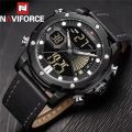 NAVIFORCE Nf9172 Dual Time Digital Analog Function Genuine Leather Strap  Fashion Watch. 