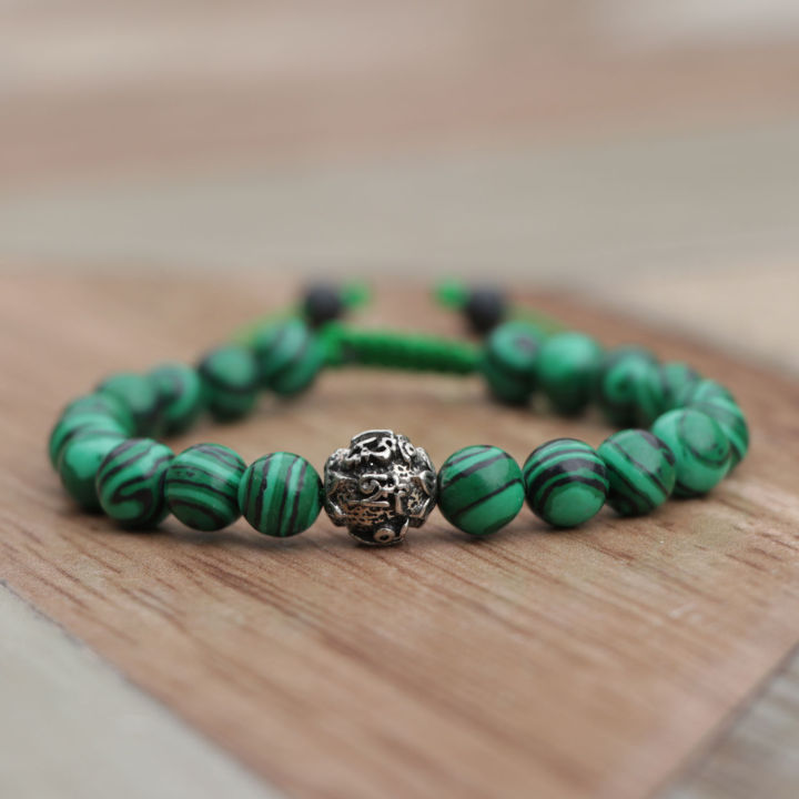 Unisex Malachite Stone Wrist Mala With Mantra Carved White Metal/ Bracelet