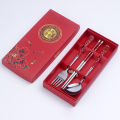 3PC Set of Blue and White Porcelain Tableware Stainless Steel Chopsticks Spoon Fork Gift Box Portable Travel Tableware Set. 