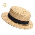 HOT Summer Female Natural Stiff Wheat Straw Boater Fedora Top Flat Hat Women Beach Flat Brim Cap With Red Navy Stripe Ribbon RH. 