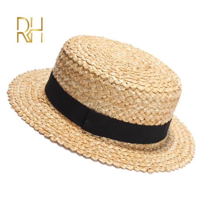 HOT%20Summer%20Female%20Natural%20Stiff%20Wheat%20Straw%20Boater%20Fedora%20Top%20Flat%20Hat%20Women%20Beach%20Flat%20Brim%20Cap%20With%20Red%20Navy%20Stripe%20Ribbon%20RH%20-%20Image%202