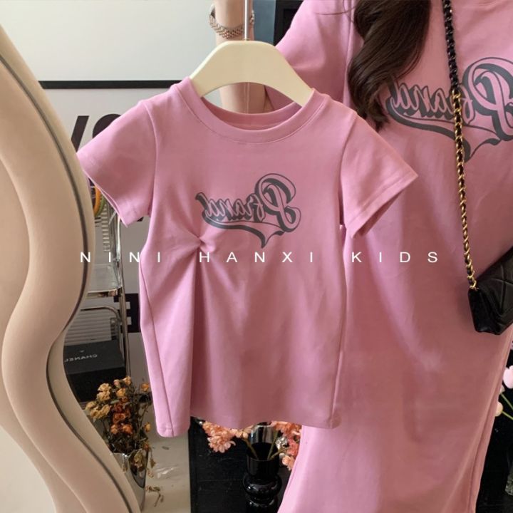 Korean%20style%20children's%20clothing%20parent-child%20Women's%20clothing%20summer%20letter%20knotted%20straight%20dress%20girls%20loose%20casual%20T-shirt%20dress%20-%20Image%204