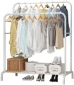 Freestanding Double Pole Metal Clothes Hanger Coat Rack Stand Organizer With Storage Shelf - White. 