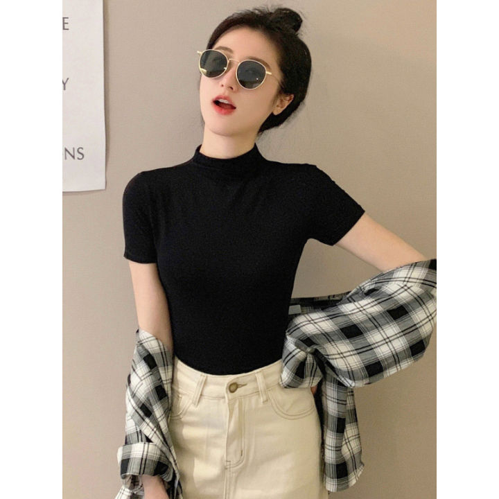 Last%20Lady%20Black%20Crew%20Neck%20Short%20Sleeve%20T-Shirt%20Women's%20Spring-Summer%202025%20Ice%20Silk%20Mid%20Neck%20Top%20Tight%20Half%20Sleeve%20Base%20Shirt%20-%20Image%202