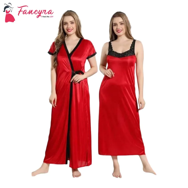Nighty With Robe Fancyra Women'S Satin Maxi Nighty With Robe For Nightwear Free Size Red ...