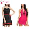Fancyra Set Of 2 Women Lingerie Net Solid Above Knee Baby Doll With G String Panty And Robe Free Size Black And Pink Color. 