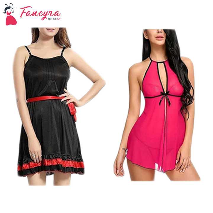 Fancyra Set Of 2 Women Lingerie Net Solid Above Knee Baby Doll With G String Panty And Robe Free Size Black And Pink Color