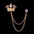 Golden Crown Design Tassel Chain Brooch For Men | Crown Stone Studded Chain Design Lapel Brooch For Men. 