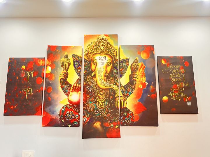 Lord Ganesha HD Canvas Wall Painting (5-Pcs set)