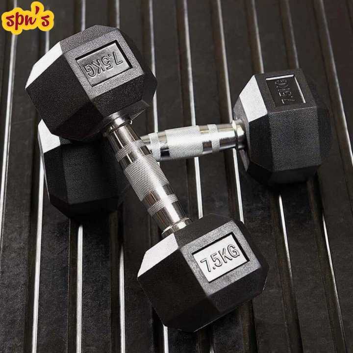 Spn'S 7.5Kg Rubber Hex Dumbbell With Metal Handle- 2 piece | Rubber Coated Hex Dumbbell Chrome Cast Handle - 7.5Kg - 1 Pair